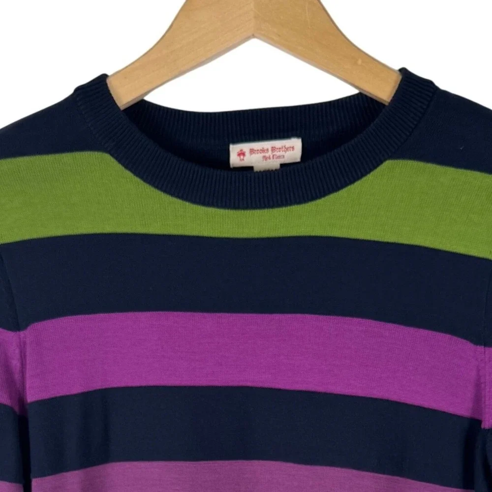 Brooks Brothers Red Fleece Striped Cotton Crewneck Sweater Womens M Navy Green